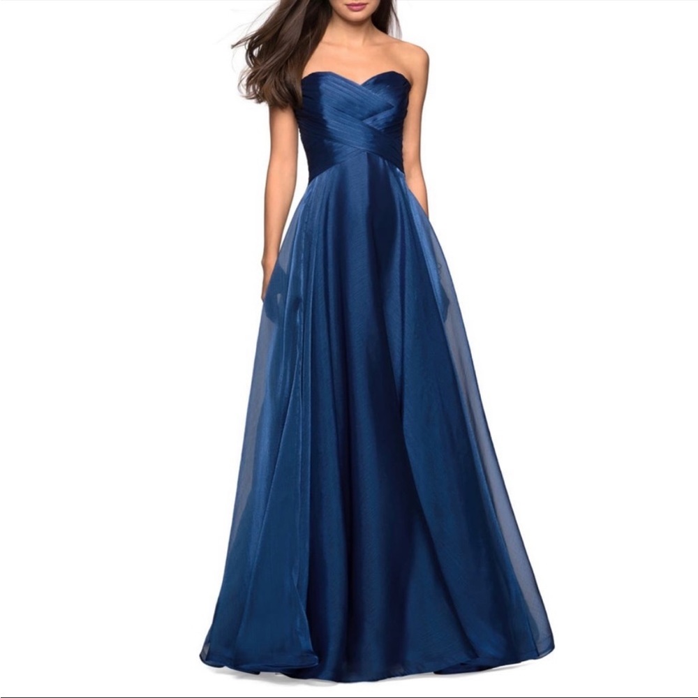 LA FEMME Strapless Metallic Royal Blue Tulle Organza Gown size 8